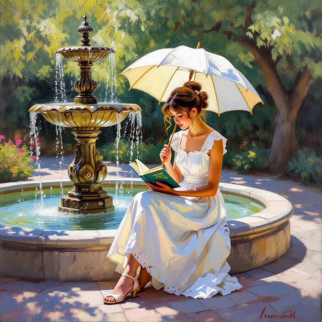 Girl Reading by Fountain in Summer Sun, Impasto Oil Painting