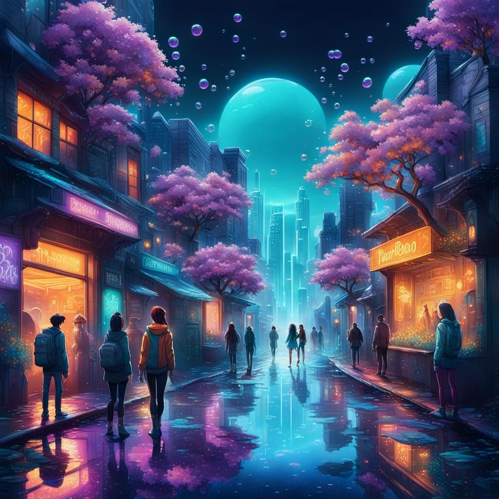 Teenage Powerpuff Girls in Dreamlike Cityscape