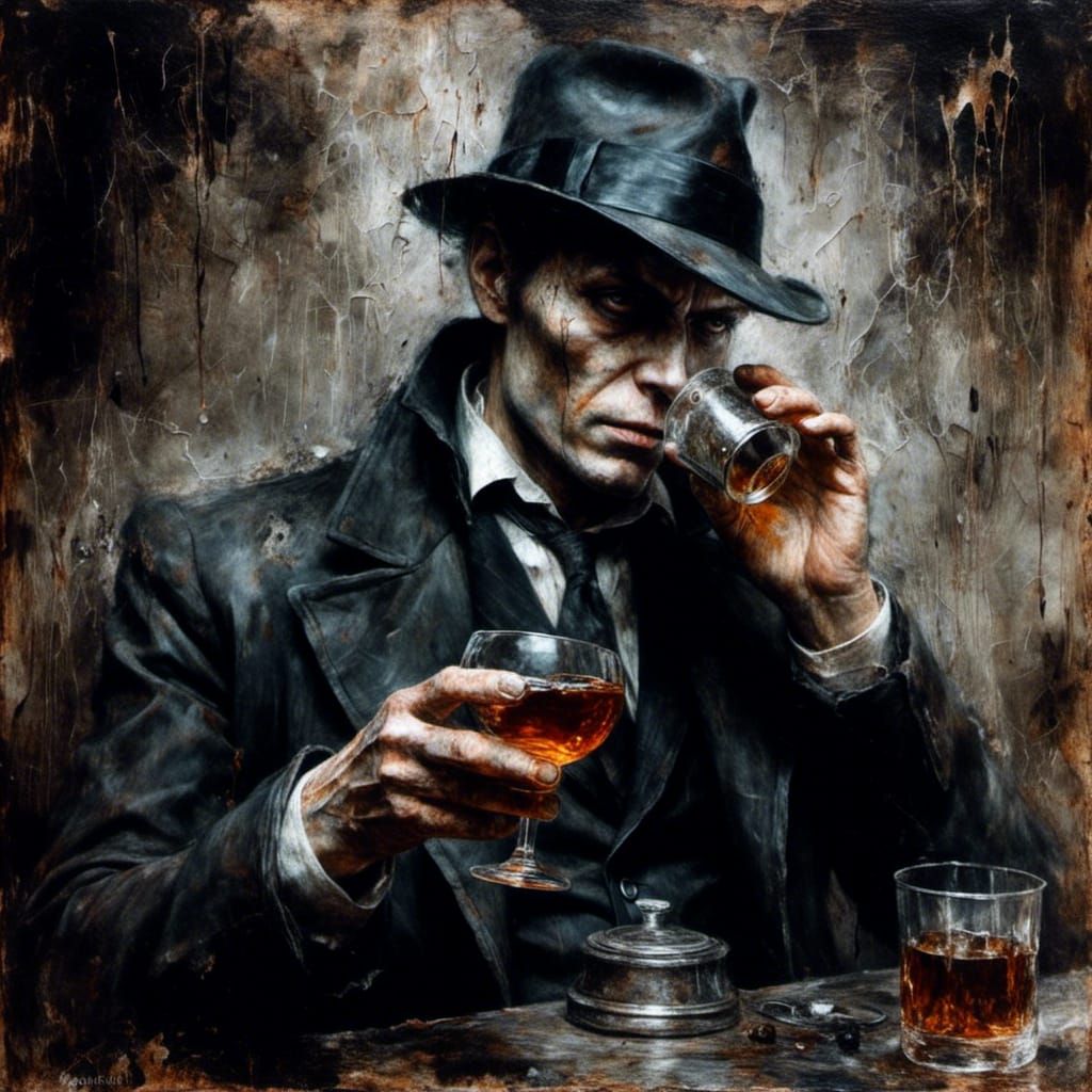 Noir Detective Drinking Whiskey in Oil Painting Style