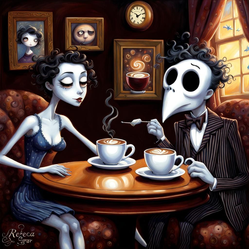 Surreal Coffee Break in Gothic Cartoon Style
