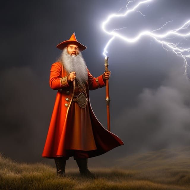 Merlin the Wizard Conjuring Lightning in the Night