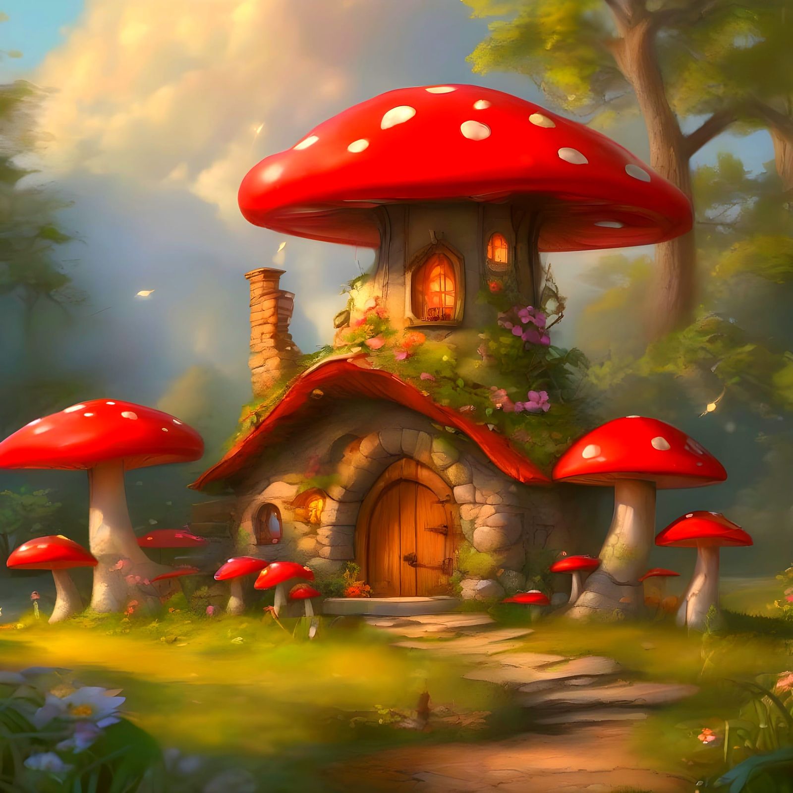 Whimsical Mushroom Hobbit Home in an Enchanted Garden