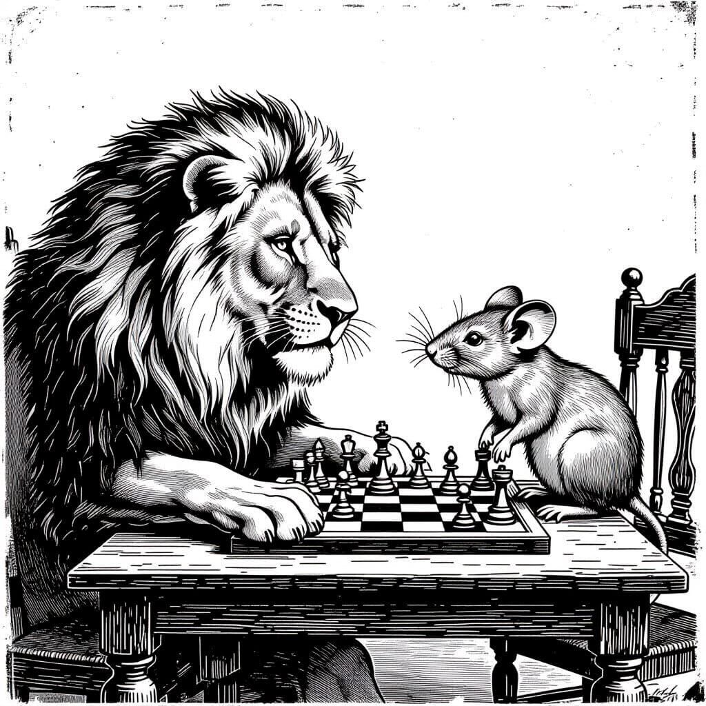 Lion and Mouse Play Chess in Antique Engraving Style