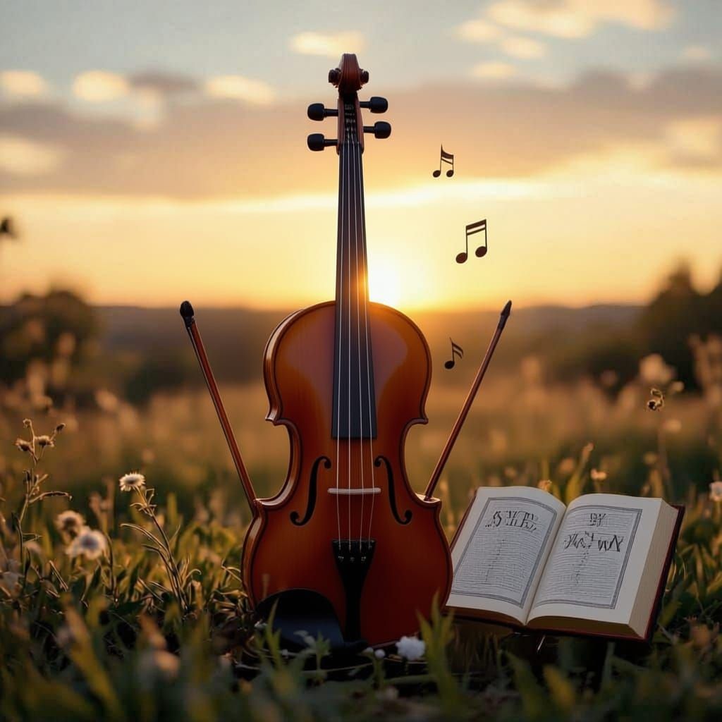 Realistic Harp Portrait with Musical Notes and Flowers