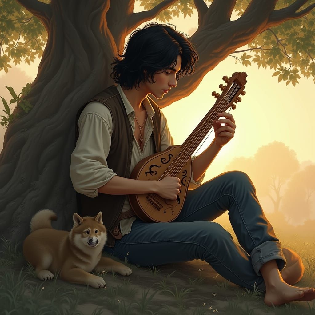 Young Man with Lyre, Hyper-Realistic Dusk Scene
