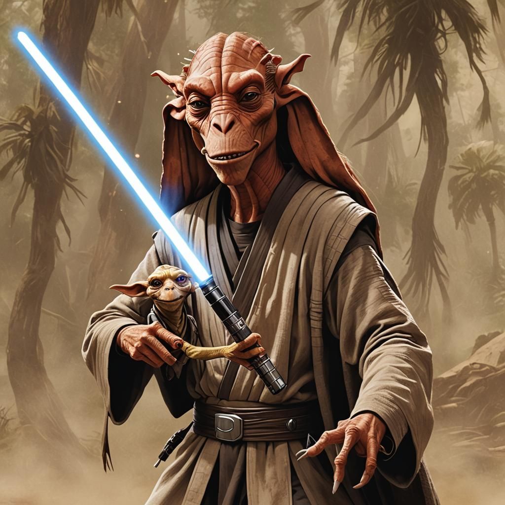 Jar Jar Binks Battles an Ewok with Lightsaber