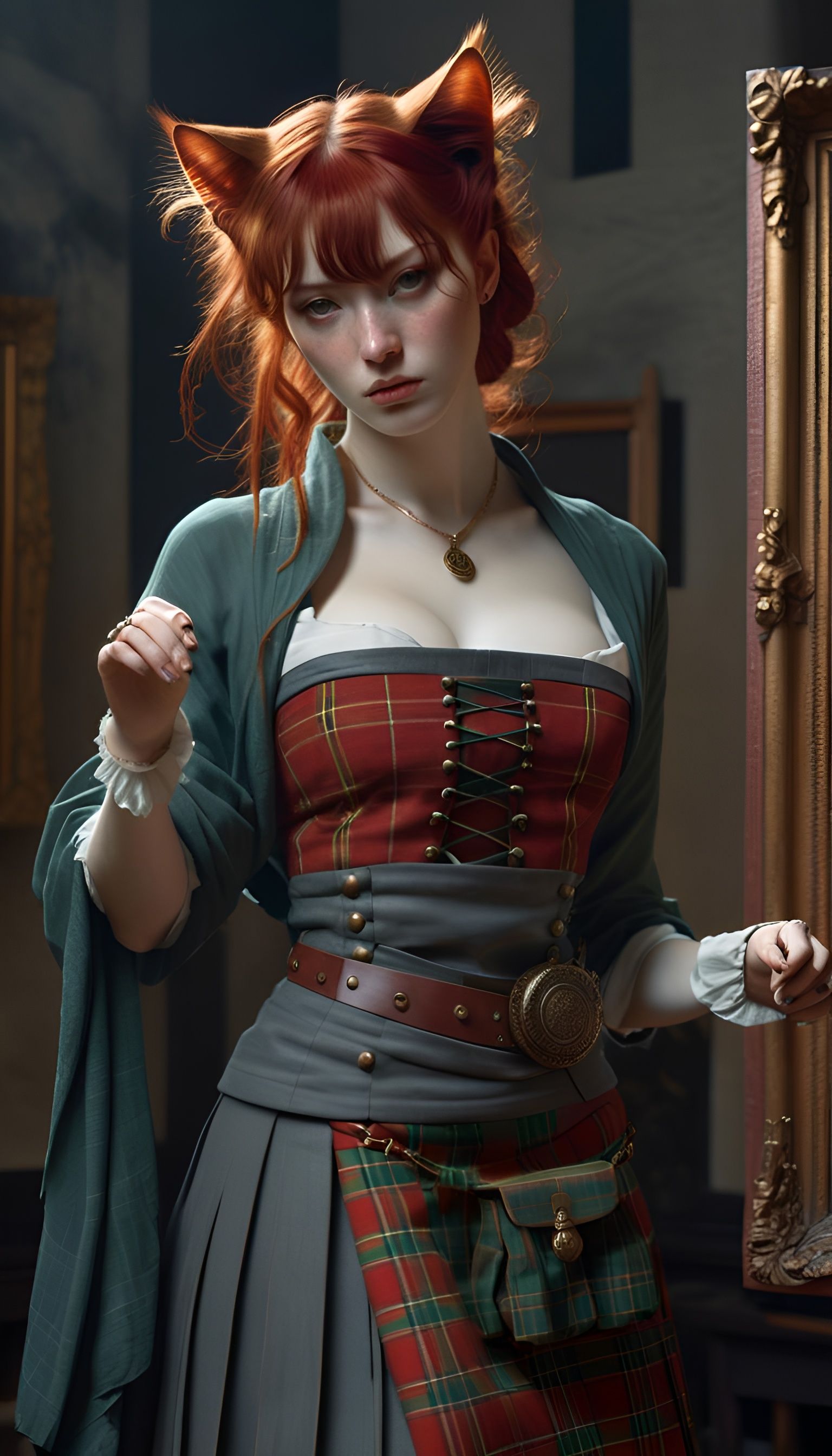 Scottish Redhead Catgirl in Renaissance Painting Style