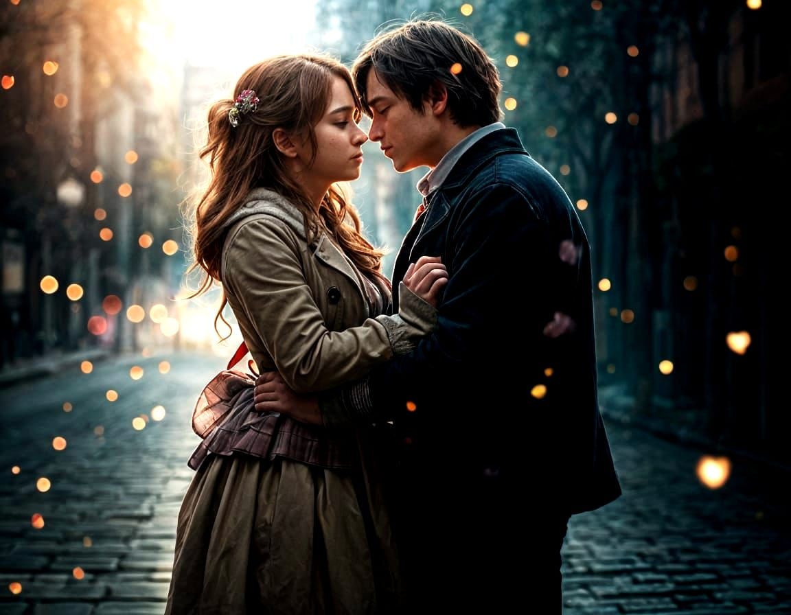 Romantic Anime Couple Surrounded by Floating Hearts