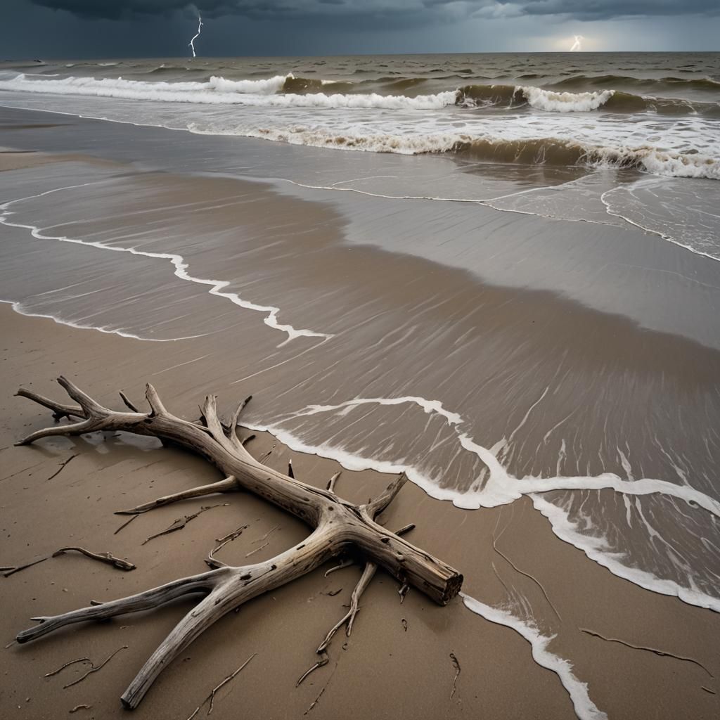 Stormy Seascape with Driftwood as Oil Painting