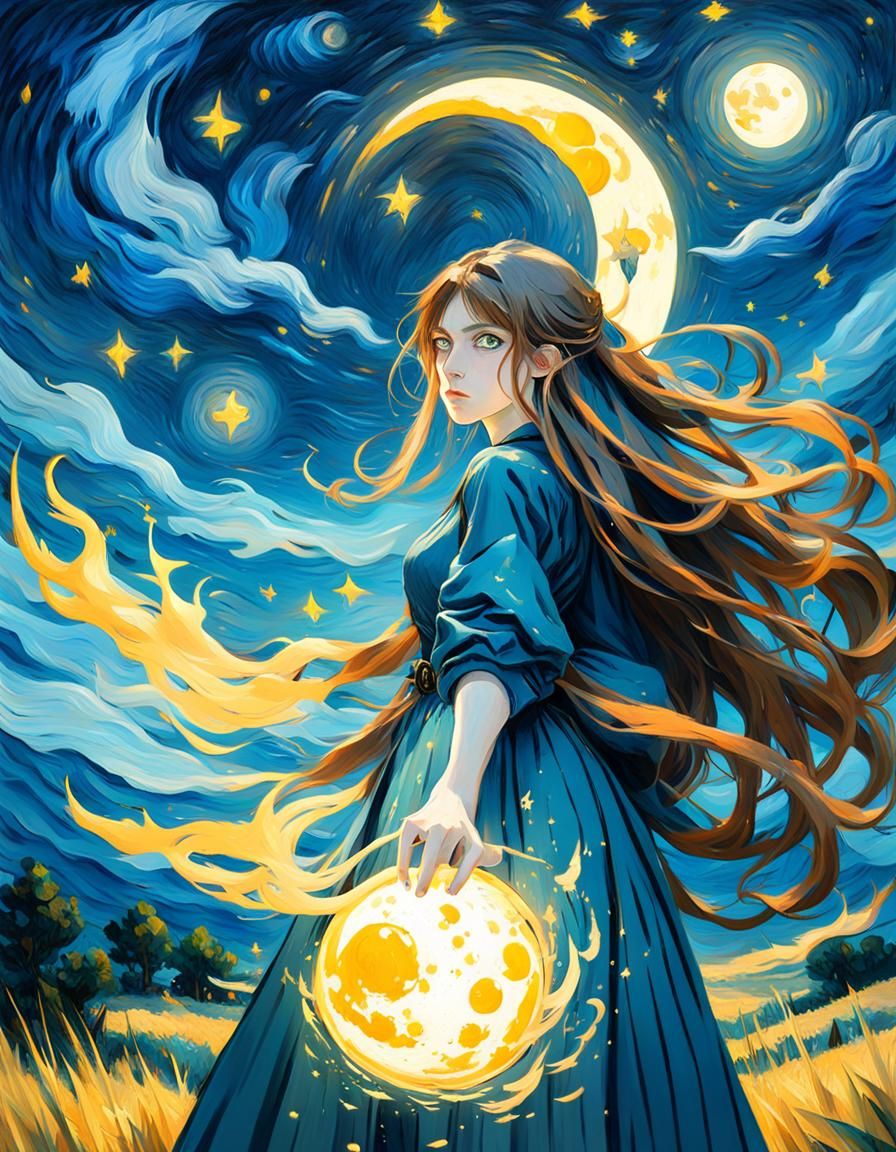 1980’ anime video game by Van Gogh, anime girl , long hair, perfect body, nice chest,big detailed anime eyes, witch cast...