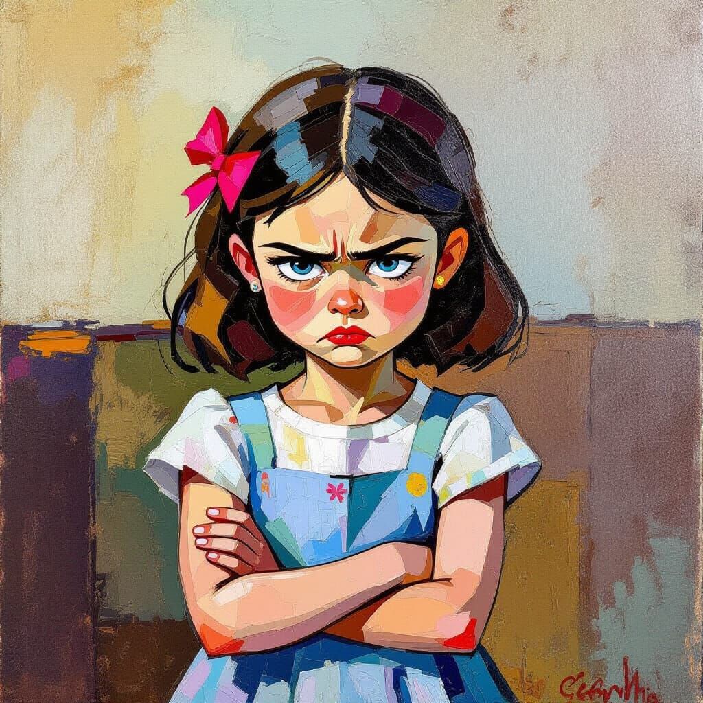 Sulking Anime Girl in Neo-Impressionist Oil Painting Style