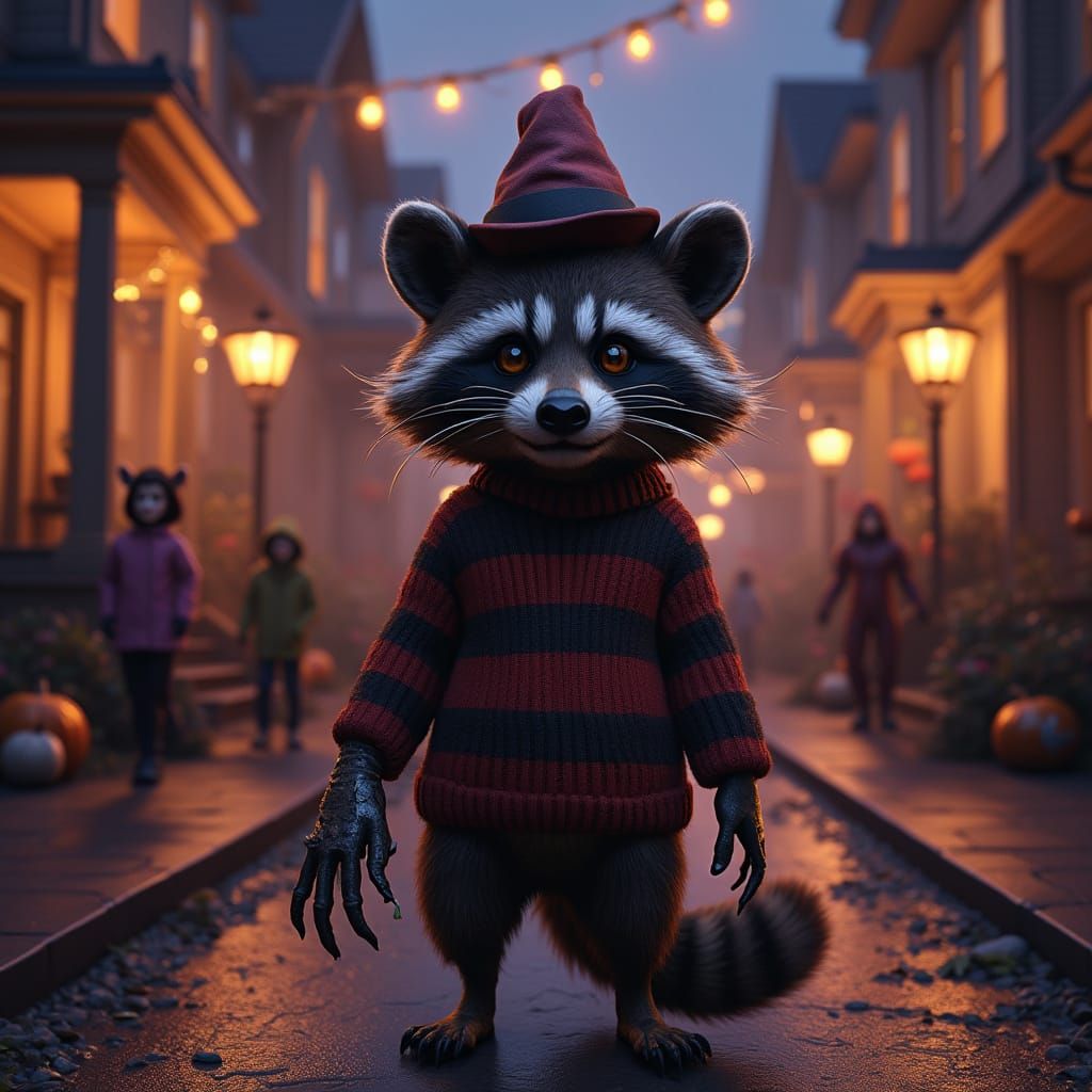 Raccoon as Freddy Krueger on Halloween Elm Street