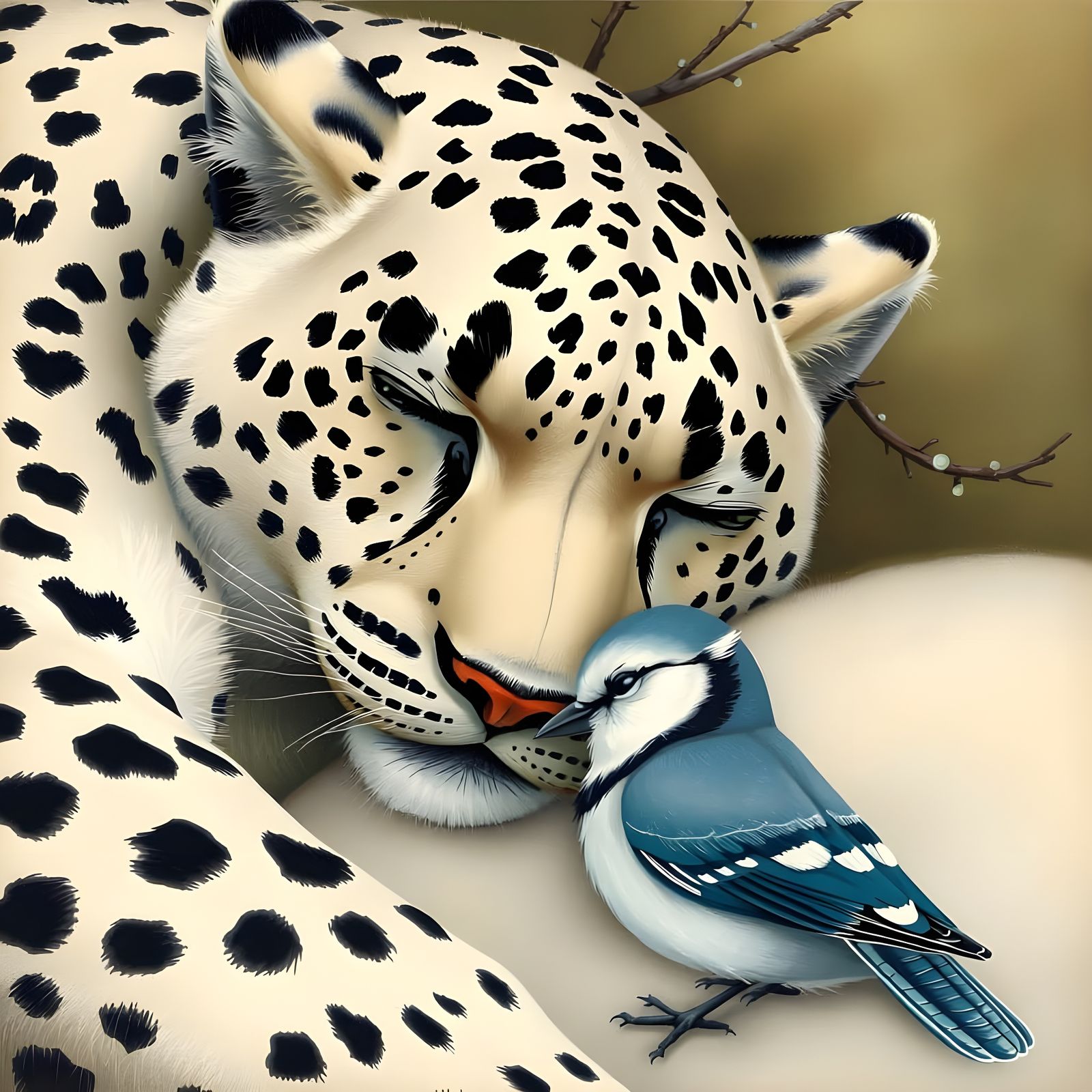 Snow Leopard Naps with Blue Jay in Beatrix Potter Style