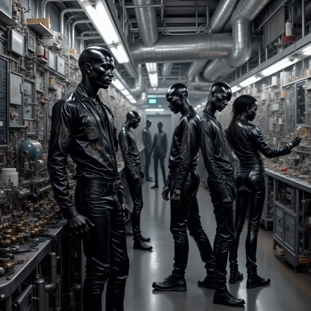 Futuristic Factory Machine Shop with Drones in Black Latex