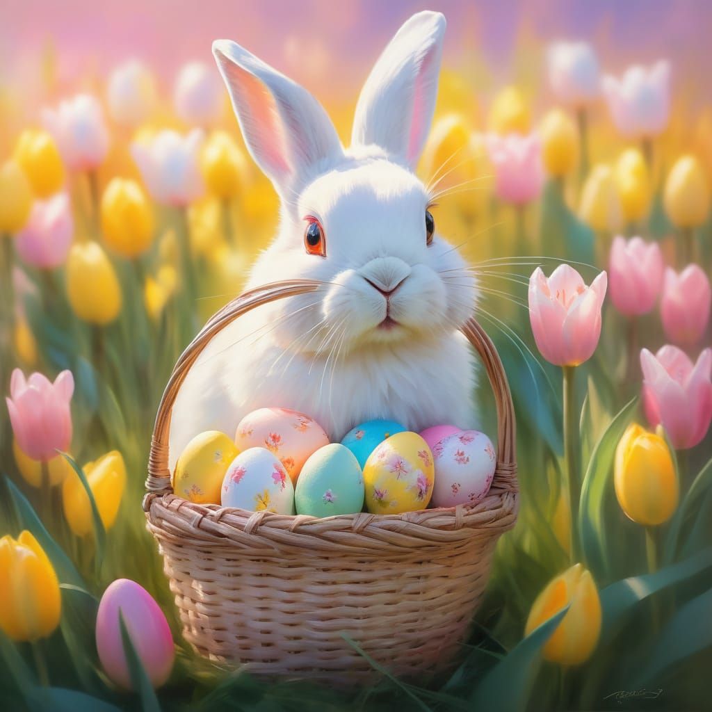 Joyful Easter Bunny in Vibrant Spring Meadow, Whimsical Oil ...