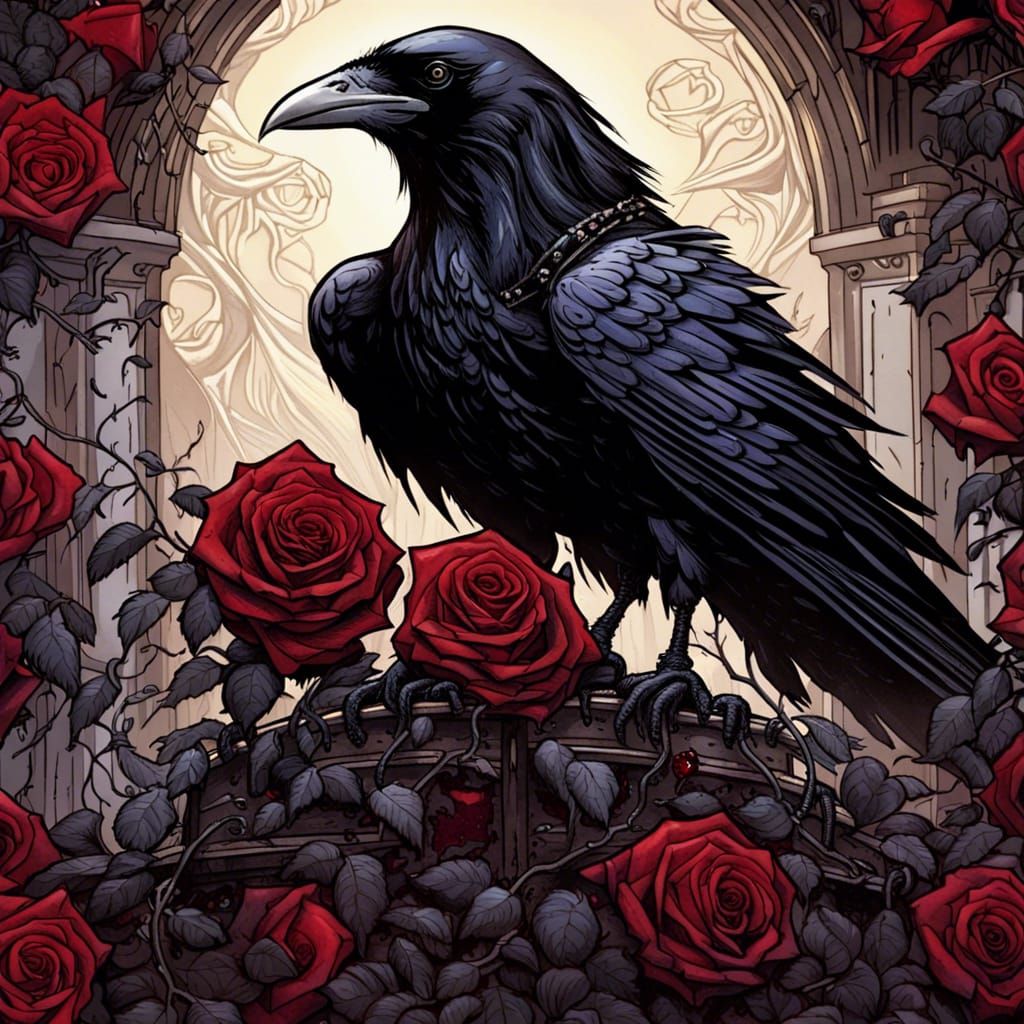Gothic Raven with Roses, Comic Book Art