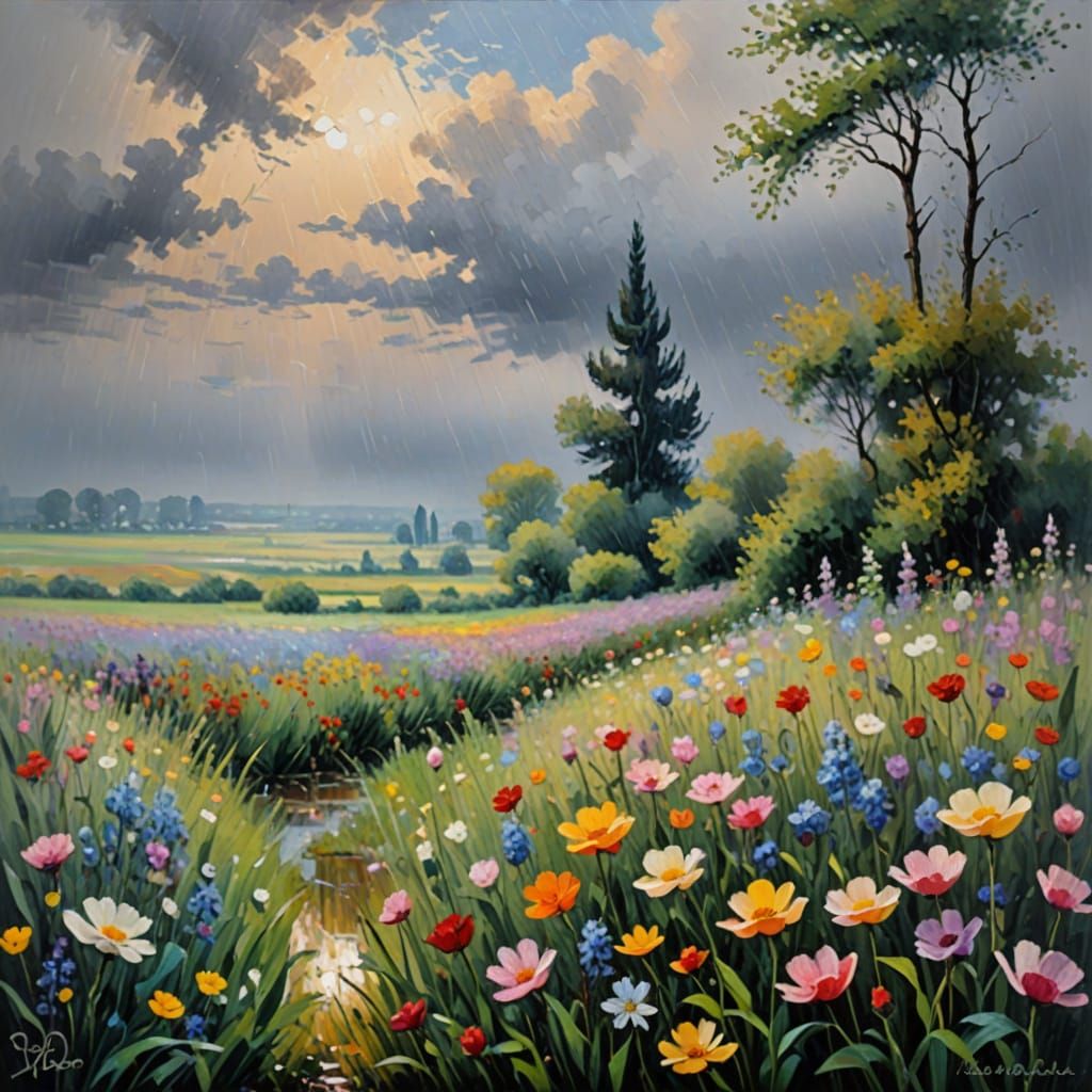 Impressionistic Flower Field Bending in Summer Rain