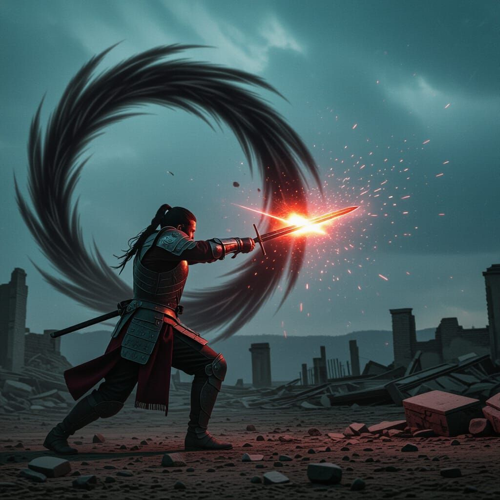 Cinematic Warrior's Final Vengeance in Ruined Landscape