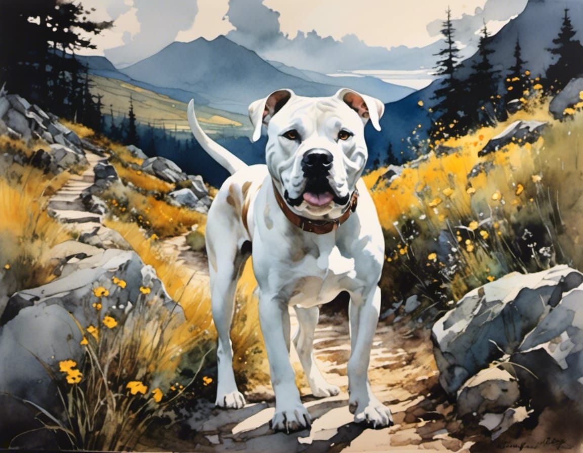 Watercolor American Bulldog in Mountain Landscape