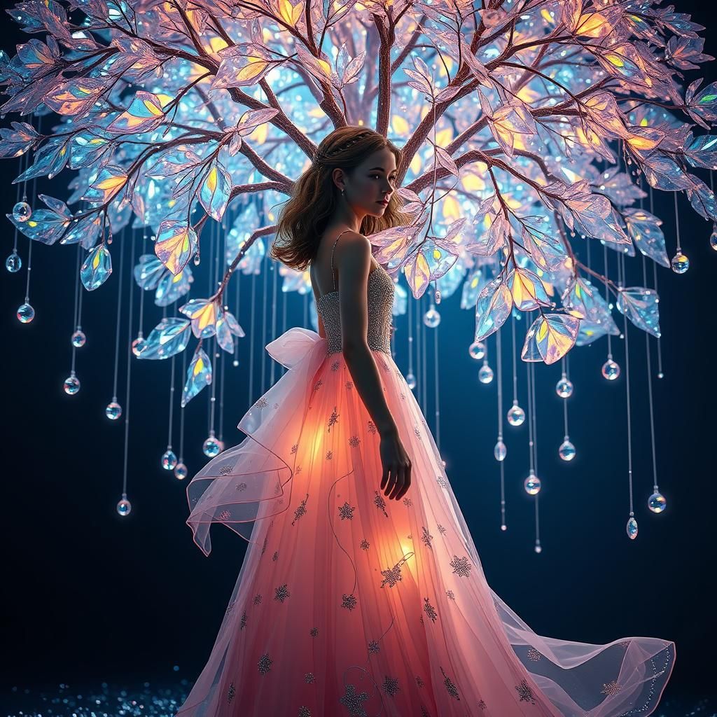 Girl Under Luminous Crystal Tree in Fantasy Style