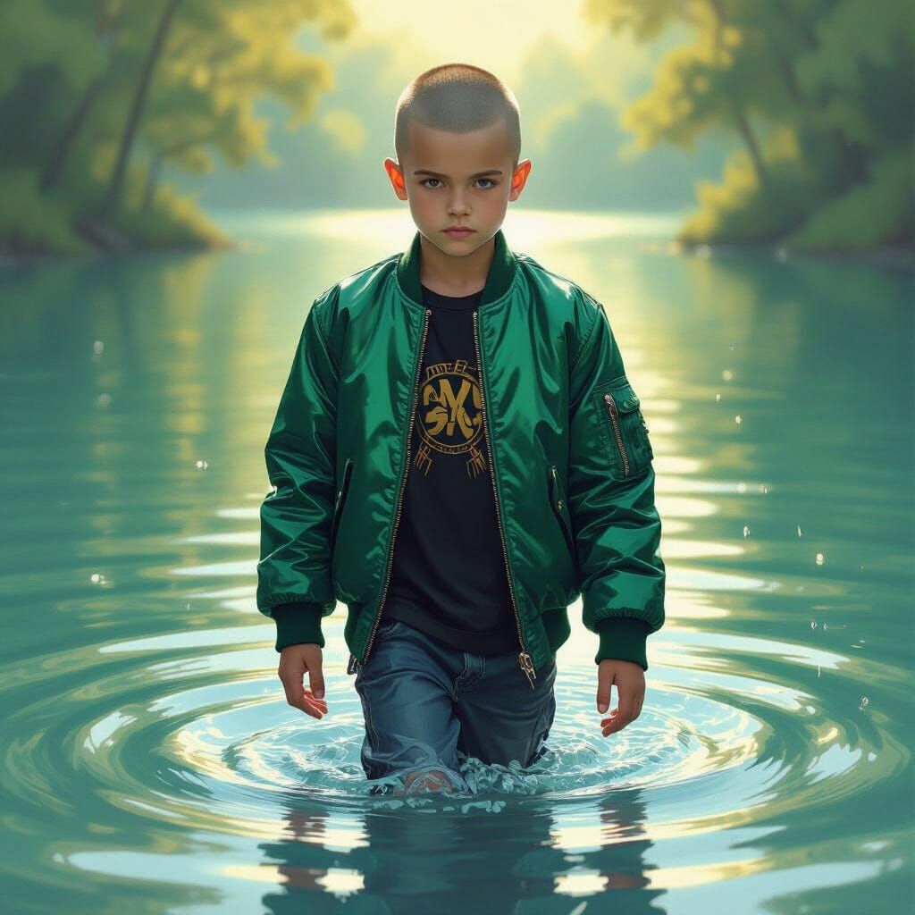Punk Boy in Emerald Jacket Walks into Sunlit Lake
