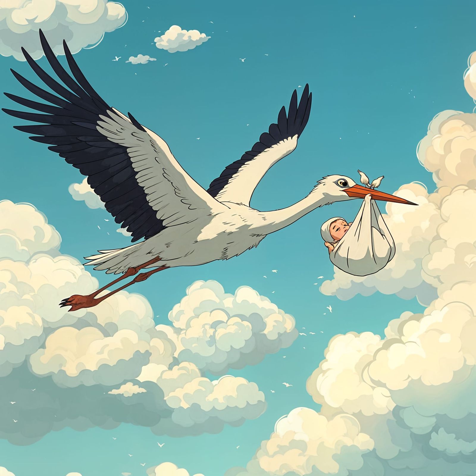 Stork Delivers Baby in Dreamlike Ghibli Scene