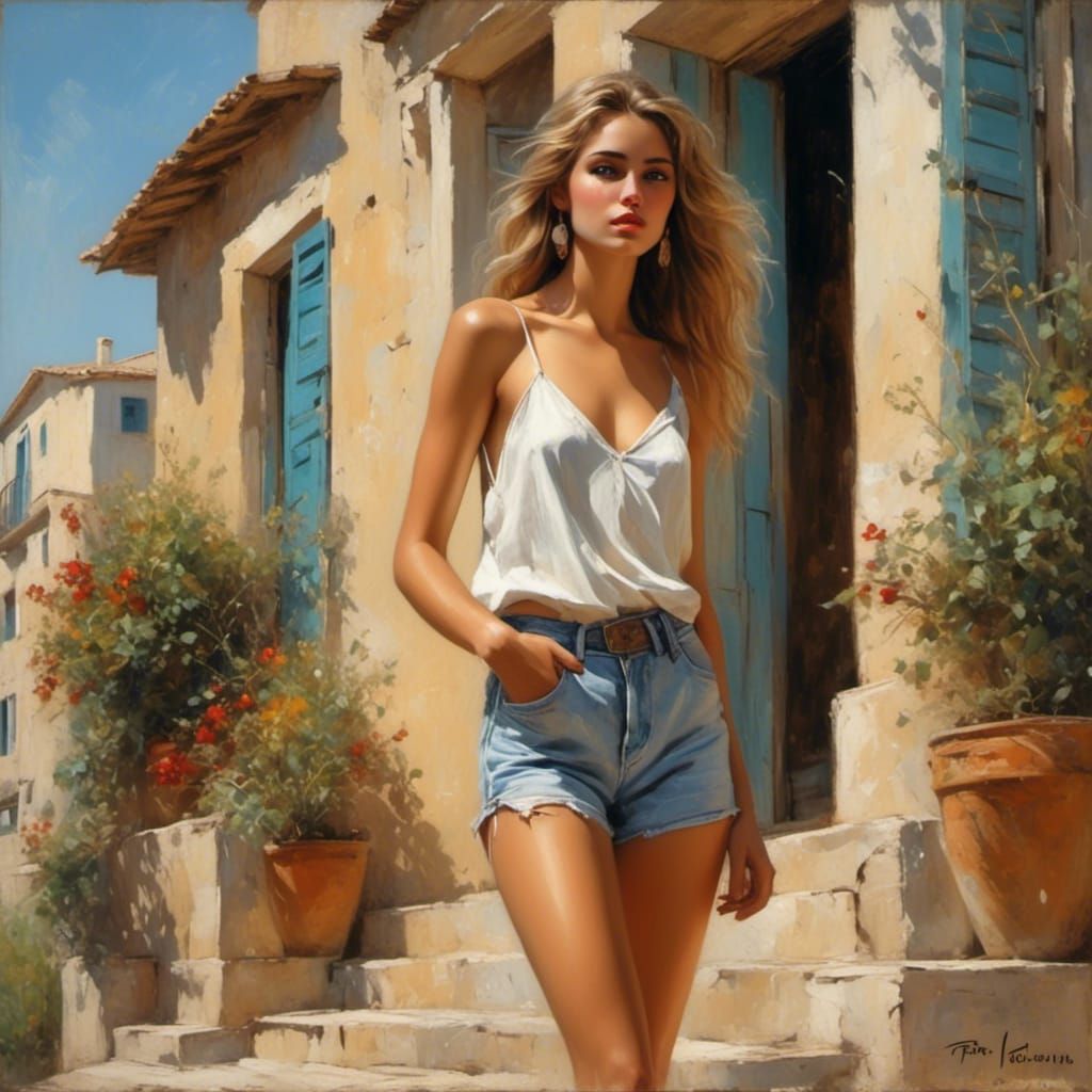 Woman in Doorway, Hyperrealistic Chalk Art Style