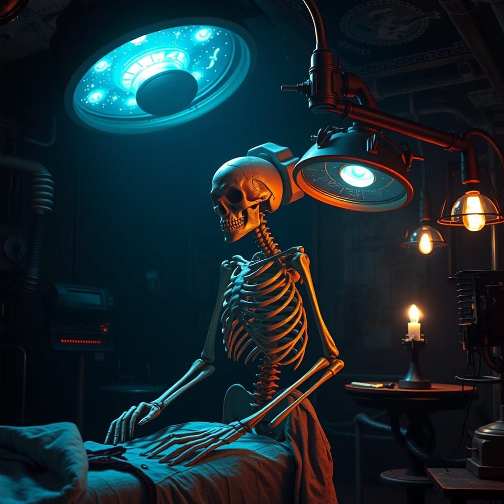 Steampunk Skeletal Surgeon in Gothic Operating Room