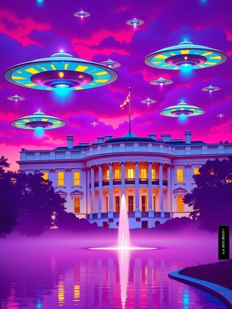 Retro-Futuristic Cityscape Under Alien Invasion in Neon-Hued...