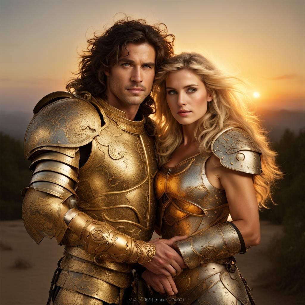 Golden Armored Warrior and Princess Portrait