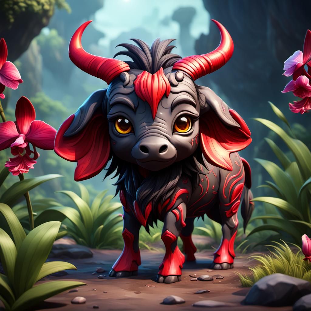 Chibi Red Orchid Wildebeest Fantasy Art