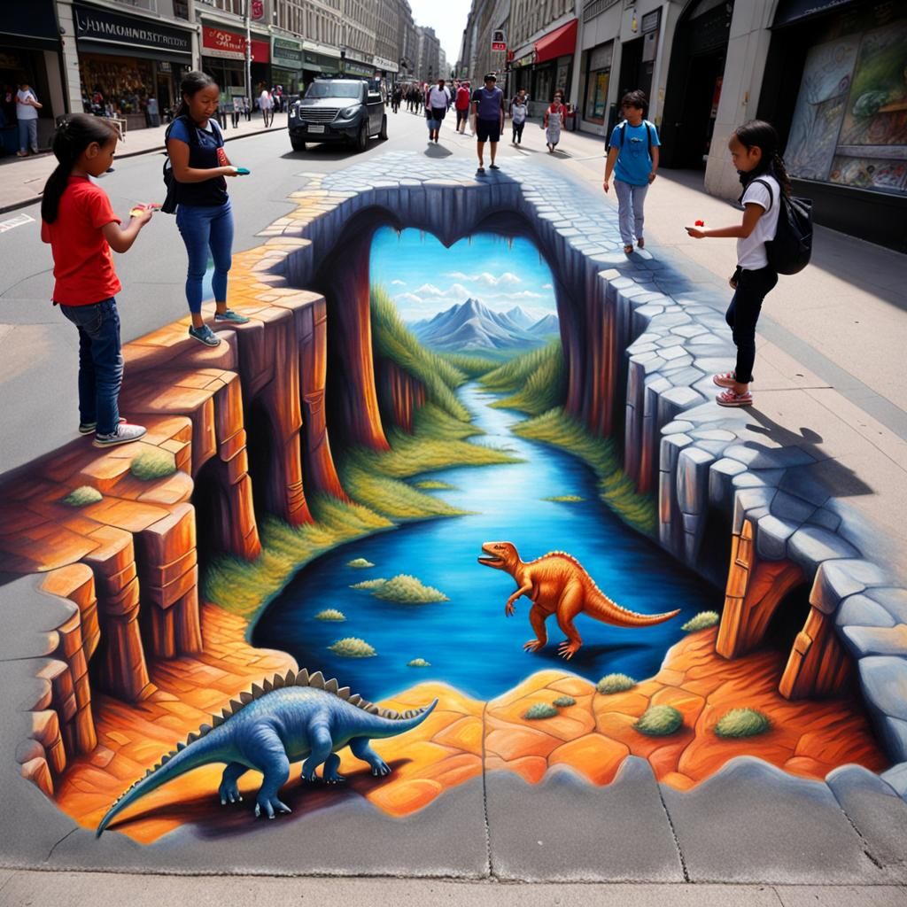 Dinosaur Emerges: 3D Chalk Art Illusion