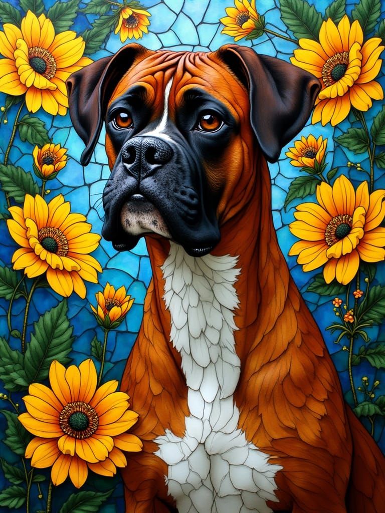 Majestic Stained Glass Boxer Dog Amidst Vibrant Blooms
