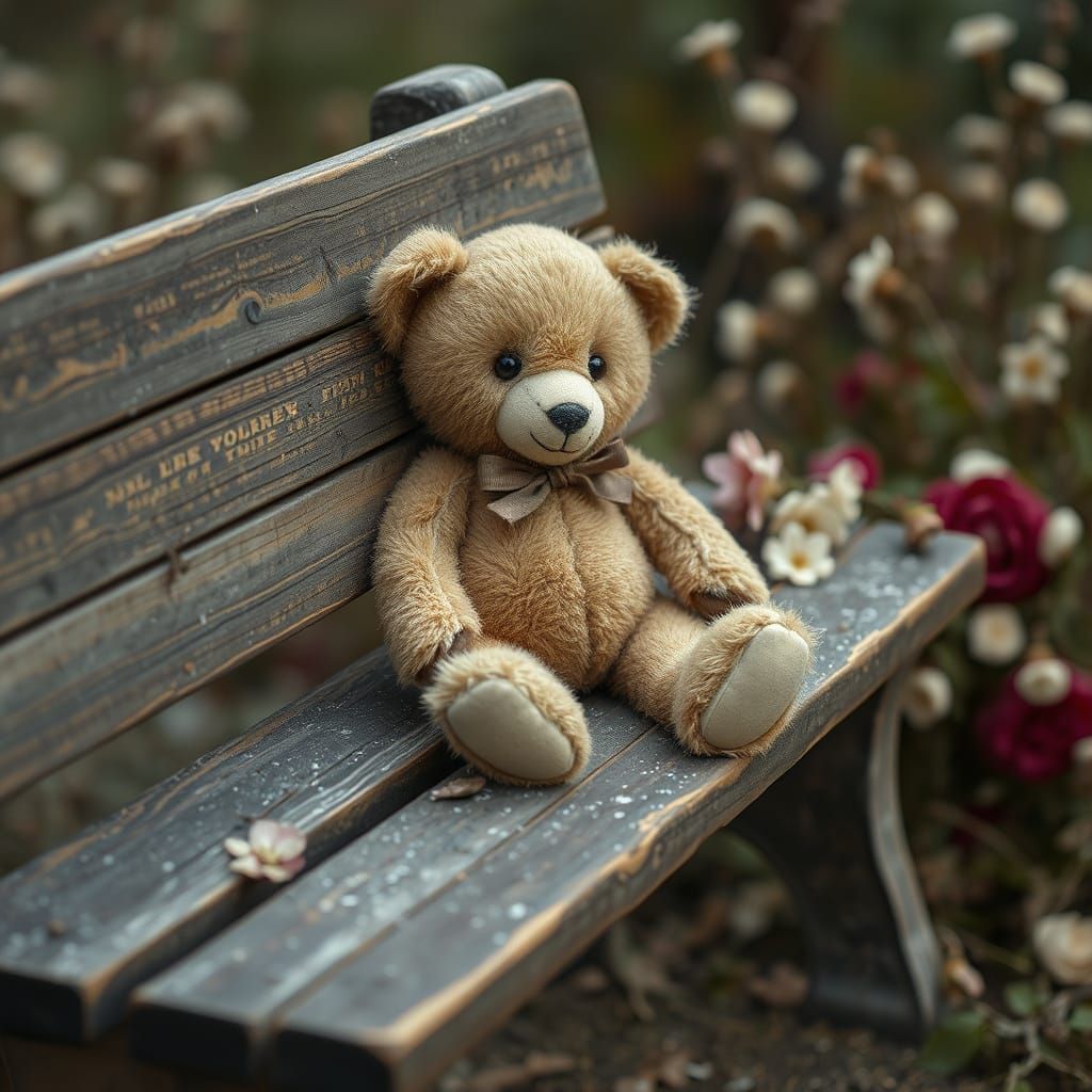 Vintage Teddy Bear on a Bench, Nostalgic Art