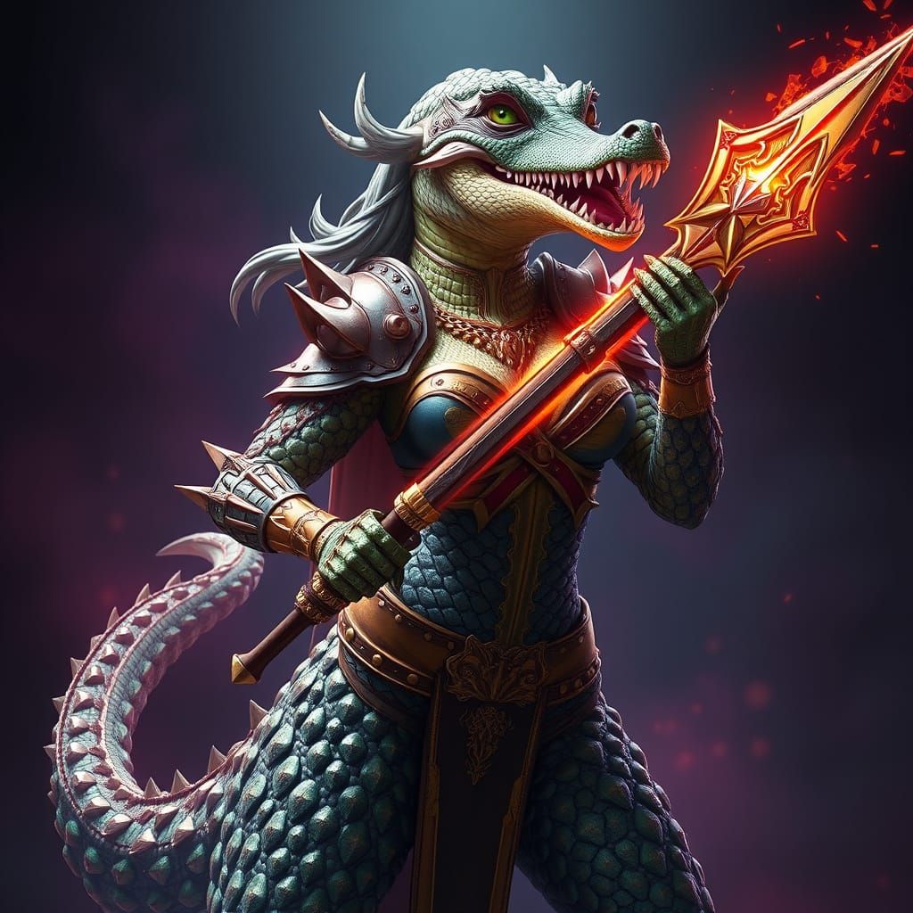 Heroic Fantasy Warrior Woman Crocodile with Medieval Armor