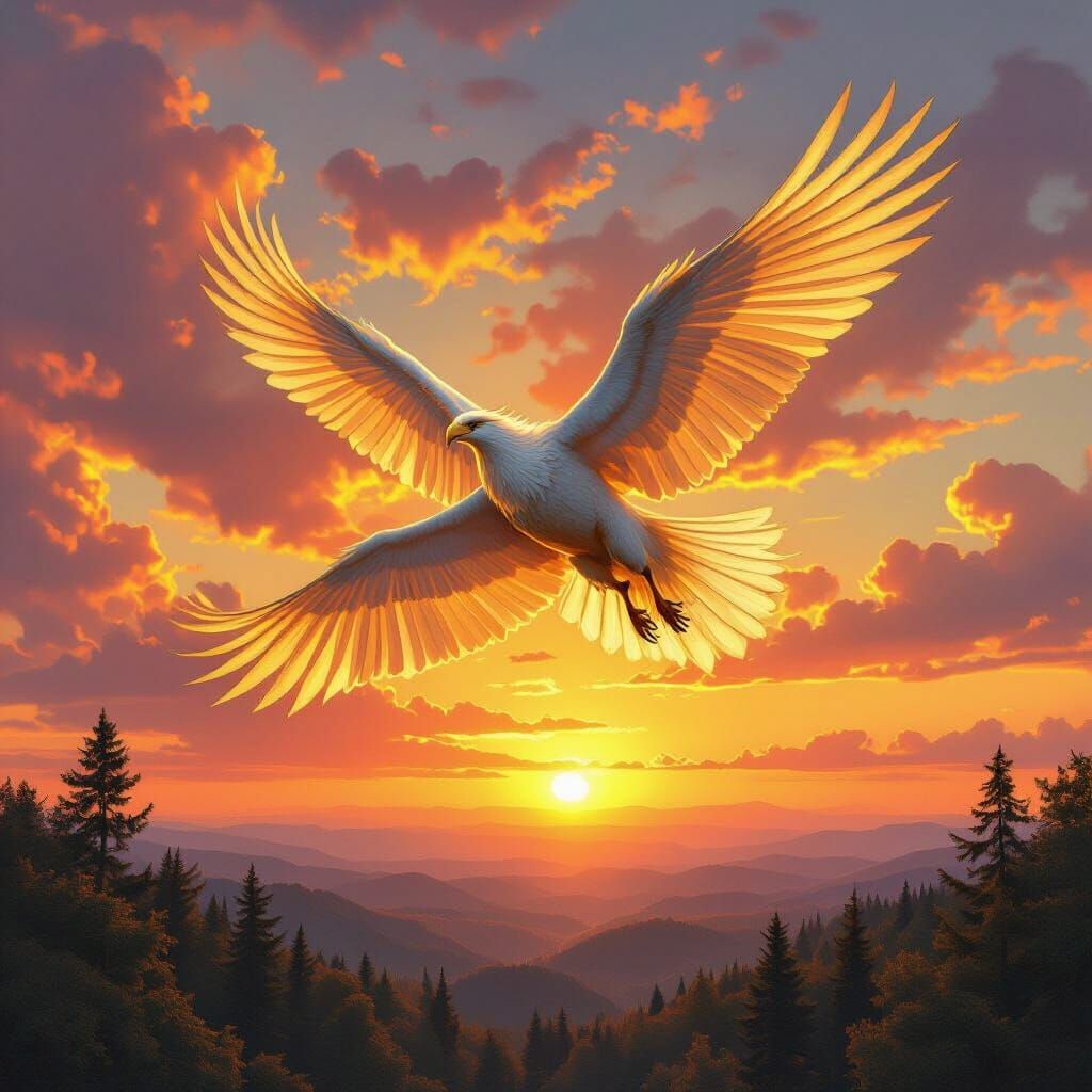 Griffin Soaring Through Sunset Sky in Hyperrealistic Style