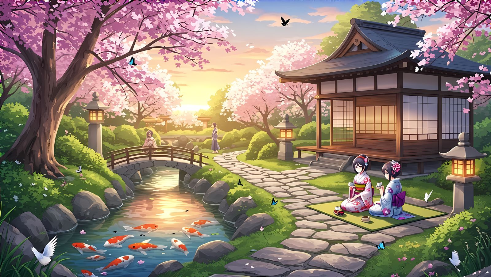 Surreal Anime Illustration of Tranquil Japanese Tea Garden a...