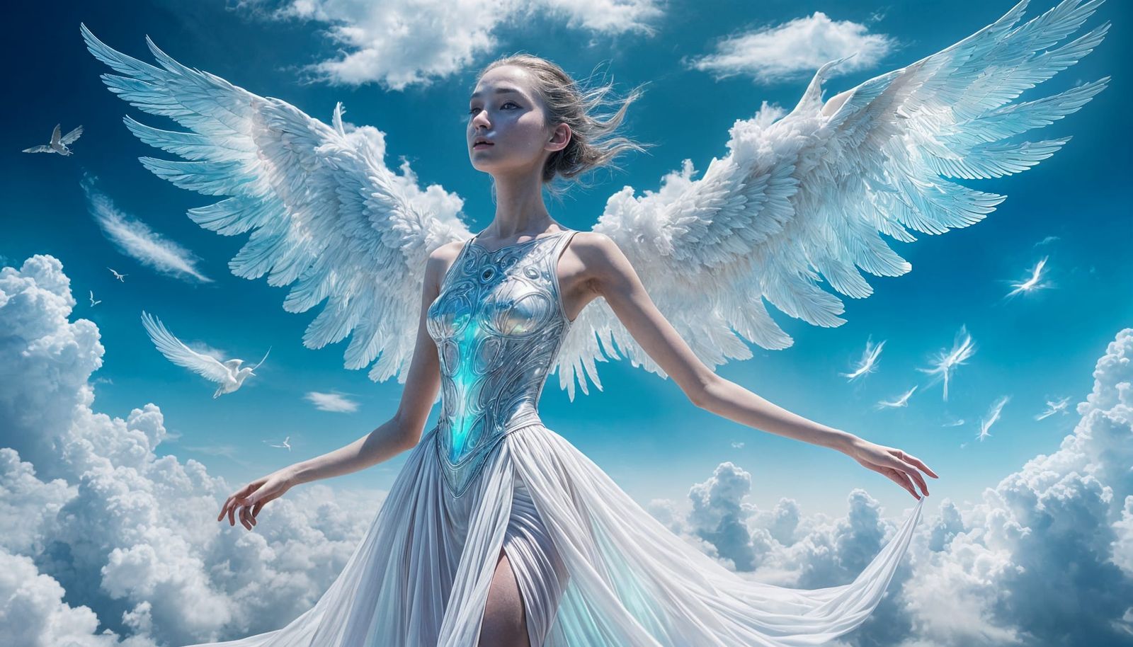 Graceful Alien Figure with Radiant Wings in Dreamy Sky