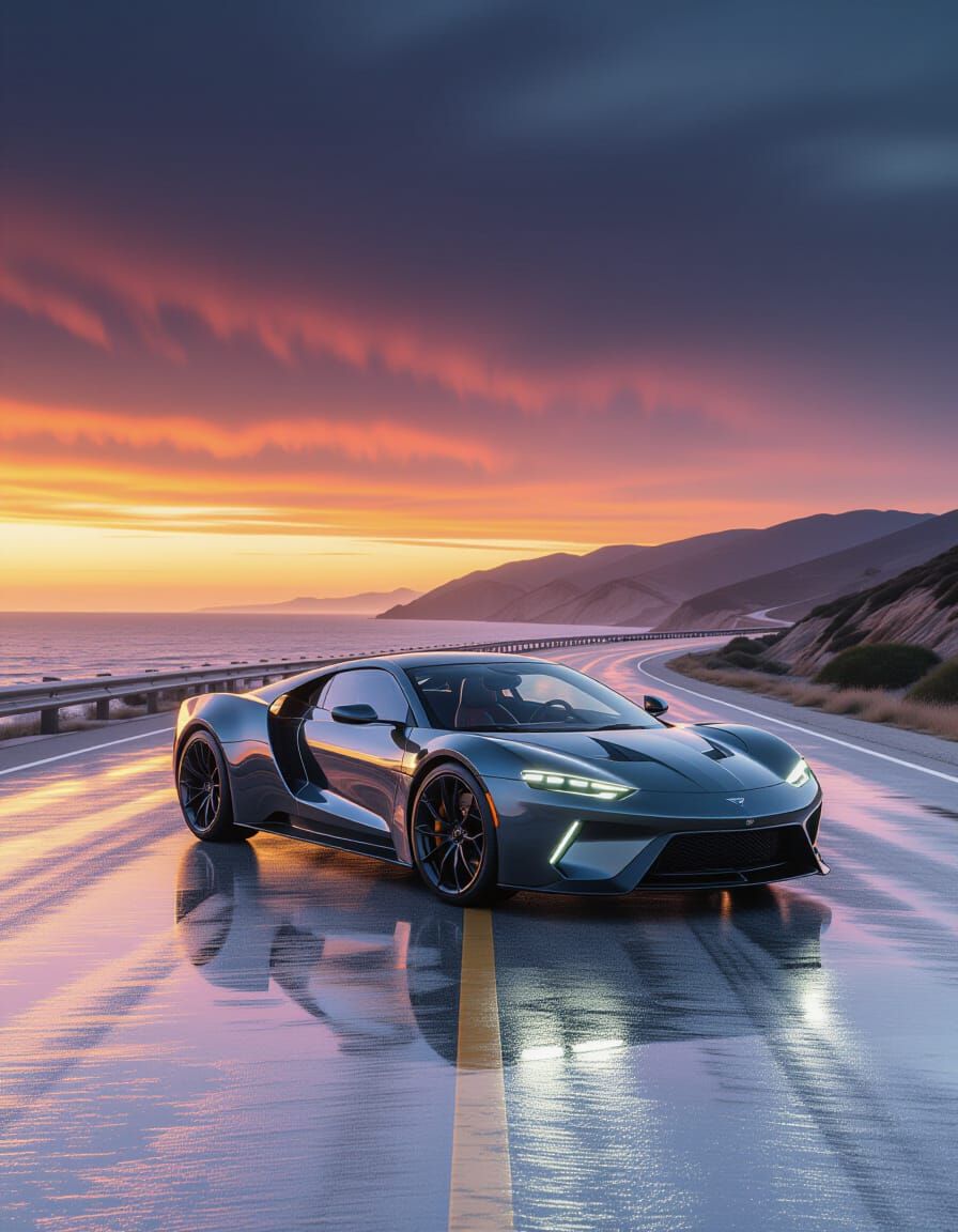 Sleek Sports Car on Coastal Highway at Dusk