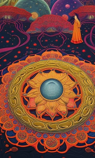 Celestial Woman in Surreal Floral Bed