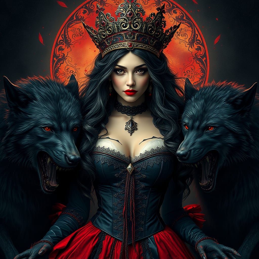 Gothic Queen Portrait with Werewolves in Dark Fantasy Style