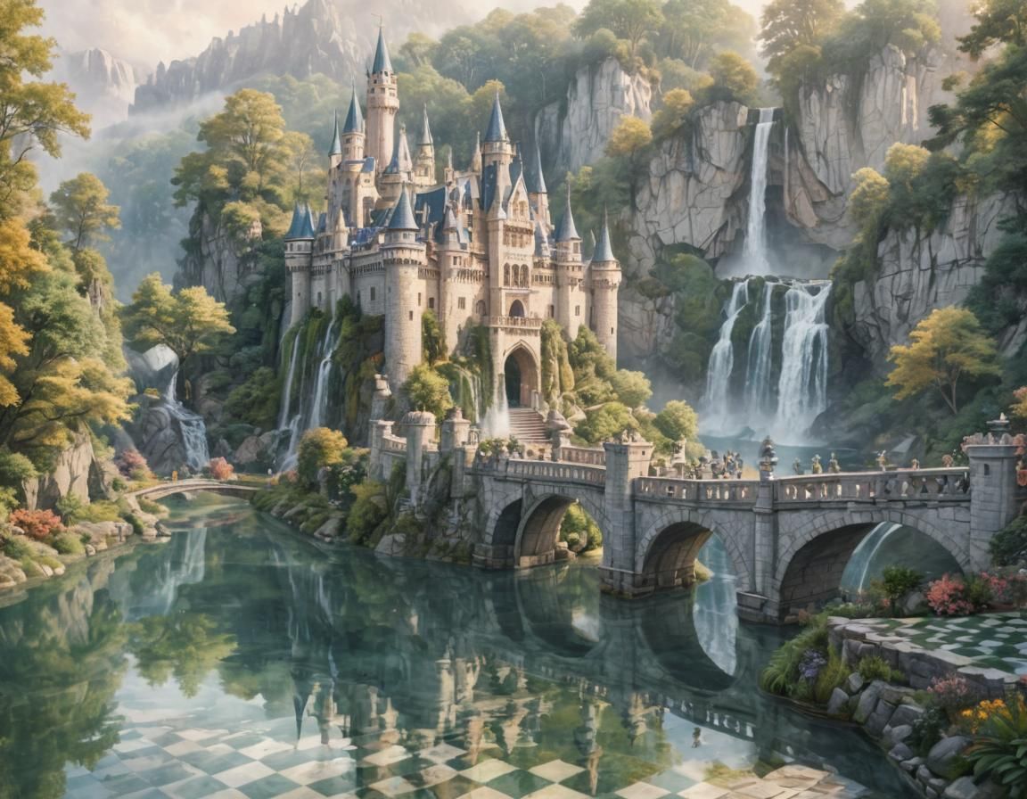 Chess-Inspired Castle in Vibrant Watercolor Style