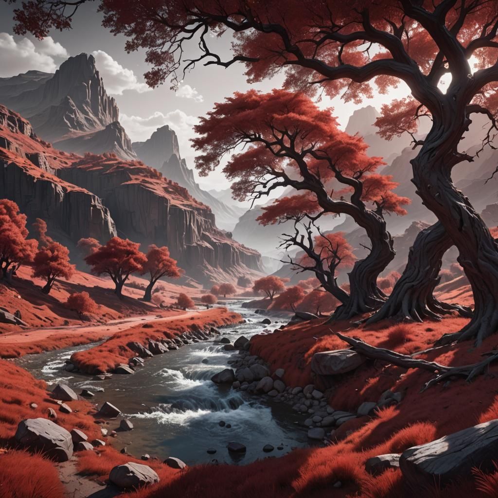 Crimson Valley Landscape with Large Tree in Monochromatic St...