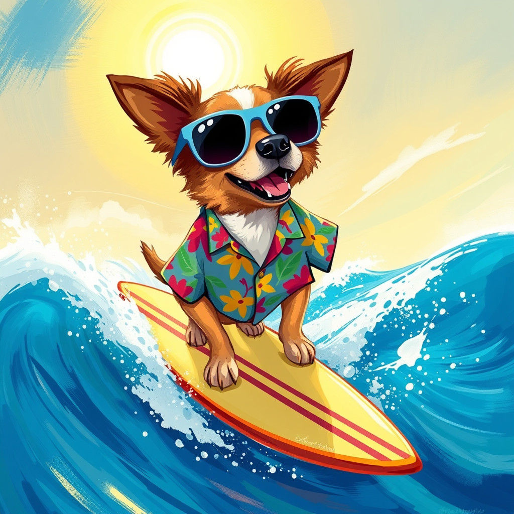 Dog Surfing in Hawaiian Shirt: Vibrant Illustration