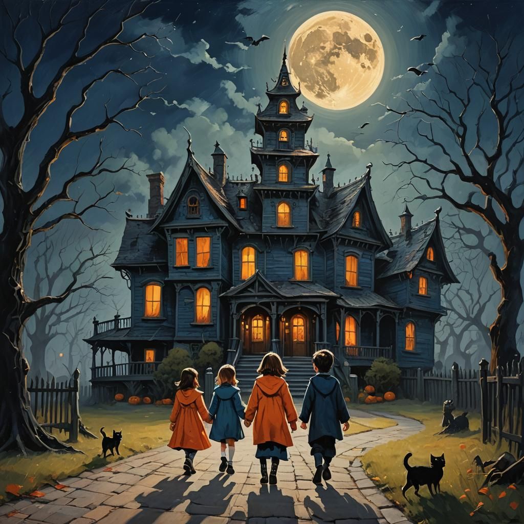 Haunted House Fantasy: Children and Black Cat
