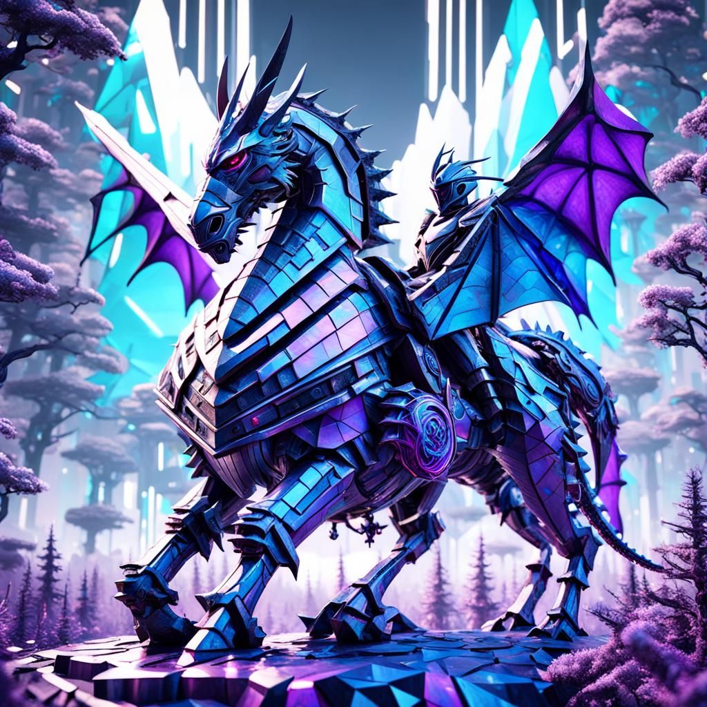 Knight on Dragon in Enchanted Forest, Geometric Abstract Art