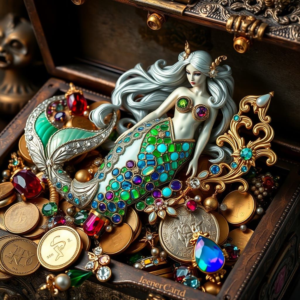 Iridescent Mermaid Brooch in Art Nouveau Style