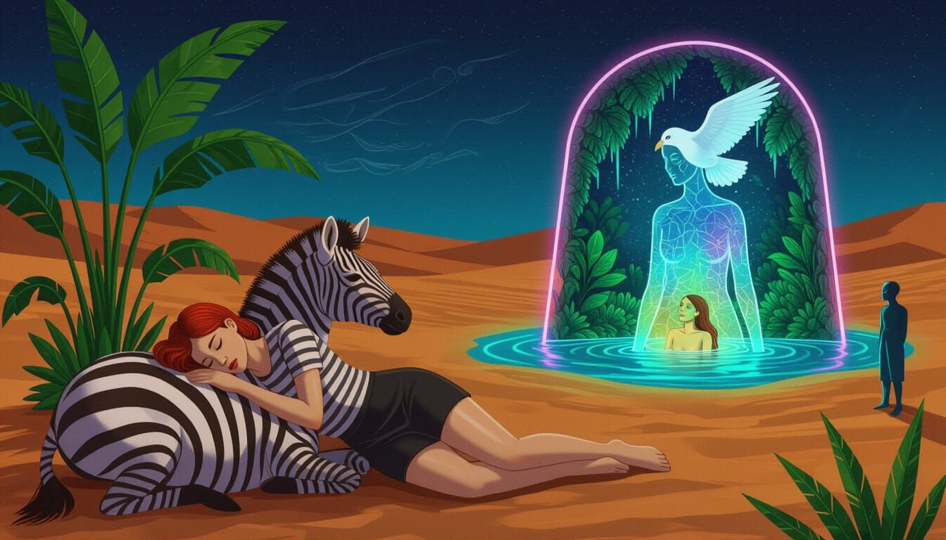 Woman Sleeps on Zebra Amidst Surreal Bioluminescent Oasis
