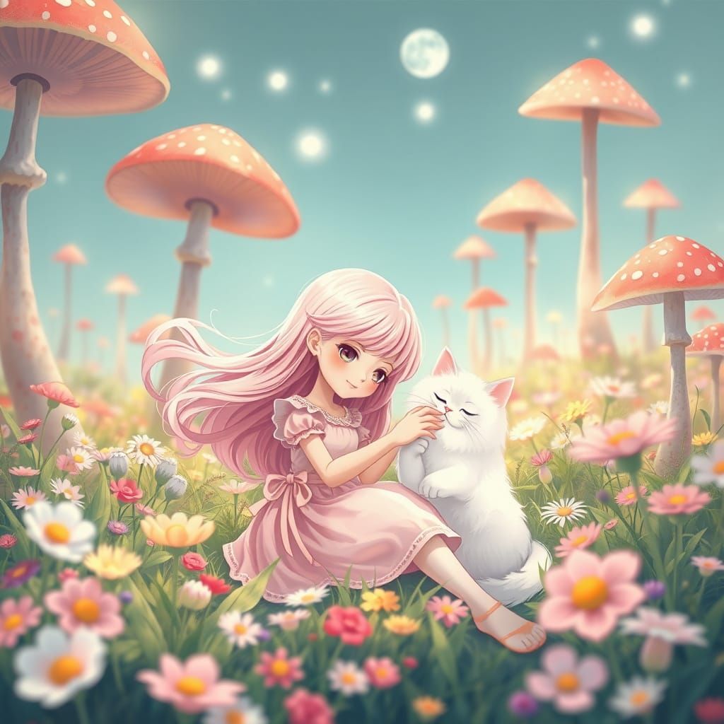 Anime Girl with Cat in Dreamlike Flower Field