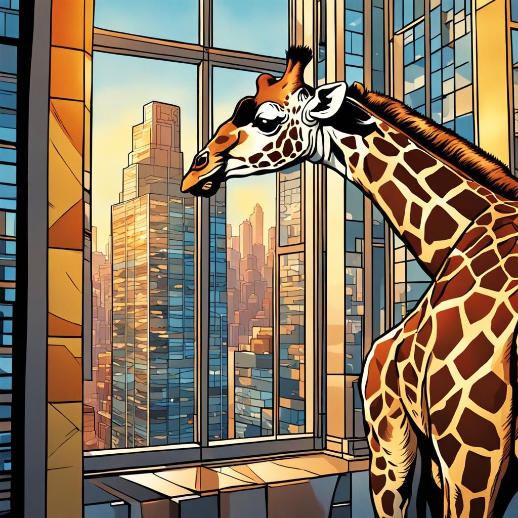 Urban Giraffe Encounter in Golden Hour, Comic Book Style
